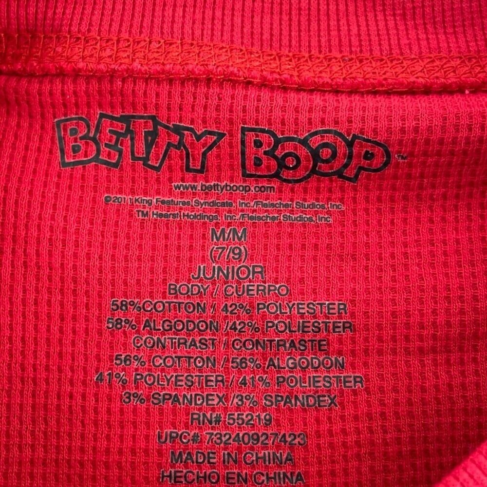 Betty Boop Junior Red Long Sleeve Thermal Top With Glitter "Hottie" Graphic 1457 - Picture 3 of 8